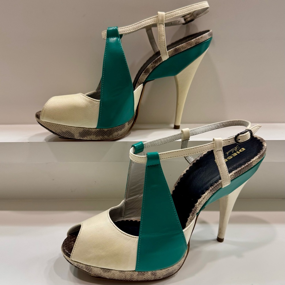 DIESEL Black Gold Rare Teal & Cream Leather Peep-Toe Heels – Y2K Archive Vibes!